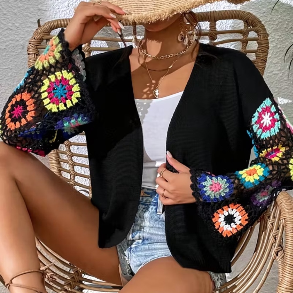 Colorful Crochet Sleeve Cardigan Sweater
